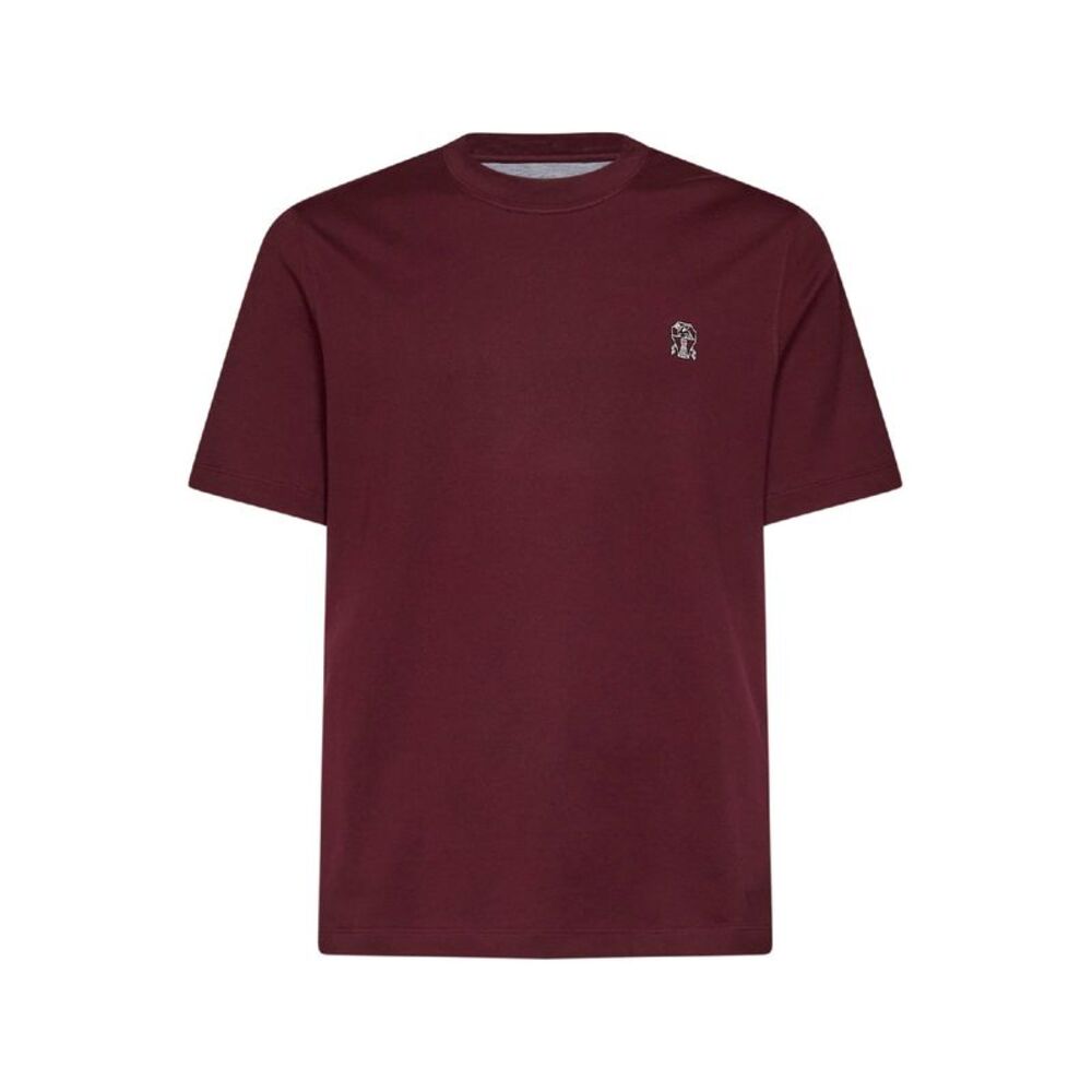 Brunello Cucinelli Men Burgundy Cotton Jersey Logo Crewneck T-Shirt